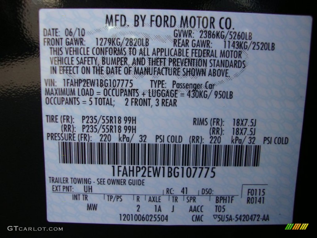 2011 Taurus Color Code UH for Tuxedo Black Photo #72590945