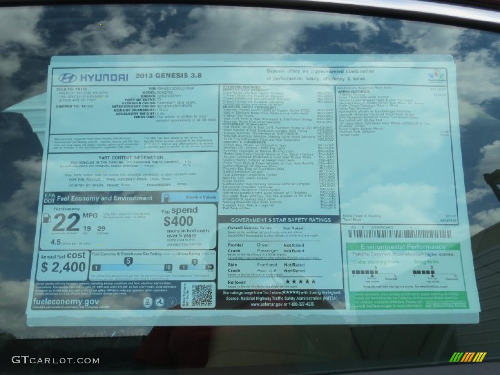 2013 Hyundai Genesis 3.8 Sedan Window Sticker Photo #72615052