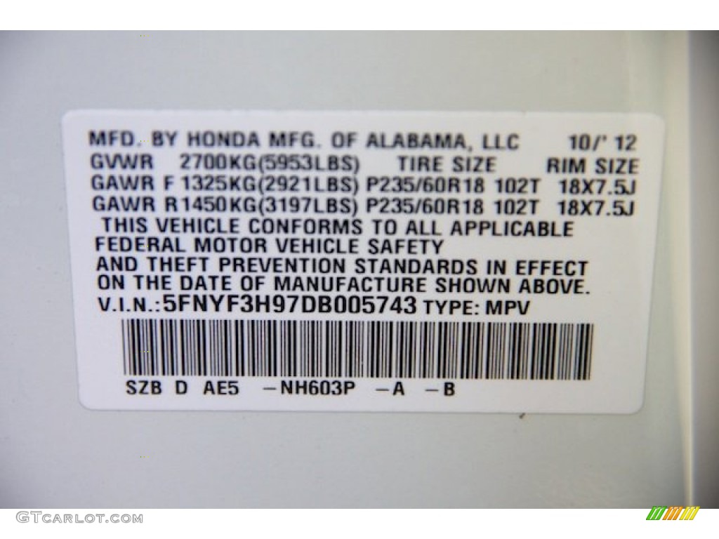 2013 Pilot Color Code NH603P for White Diamond Pearl Photo #72630527