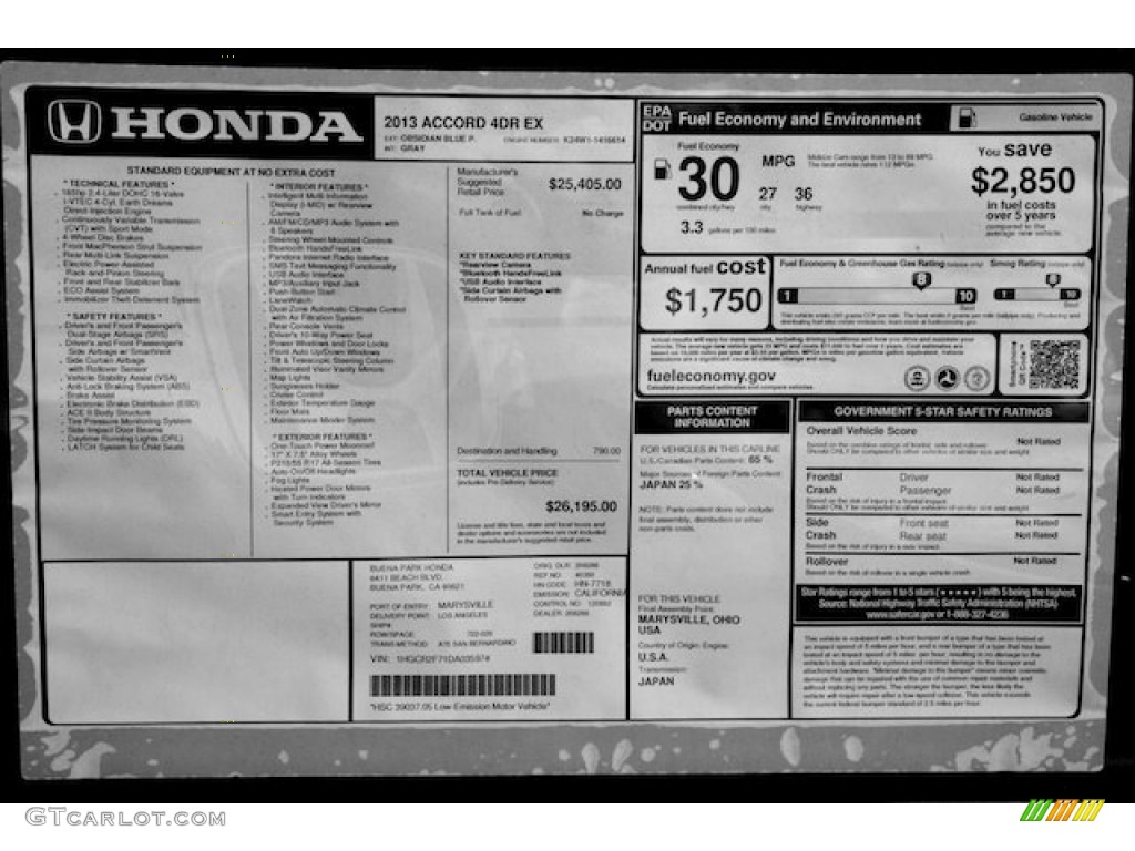 2013 Honda Accord EX Sedan Window Sticker Photo #72632906