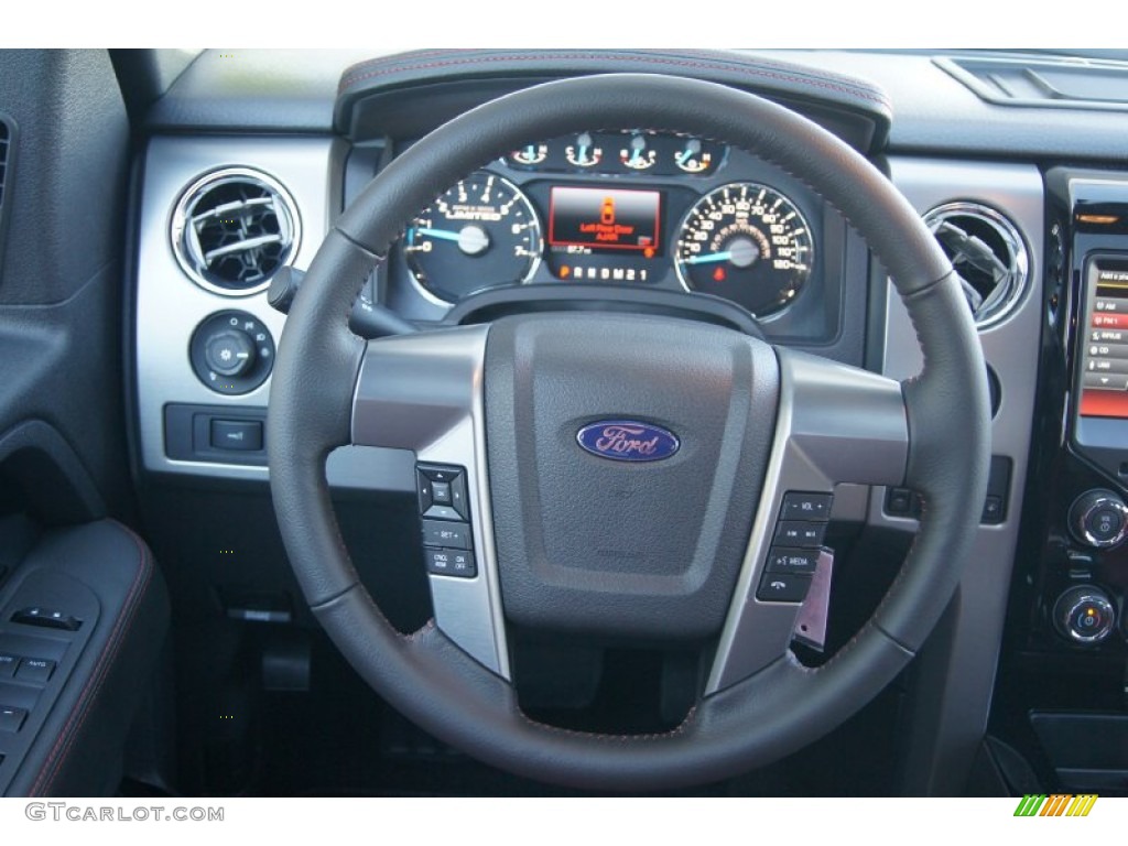 2013 Ford F150 Limited SuperCrew 4x4 Limited Unique Red Leather Steering Wheel Photo #72650423