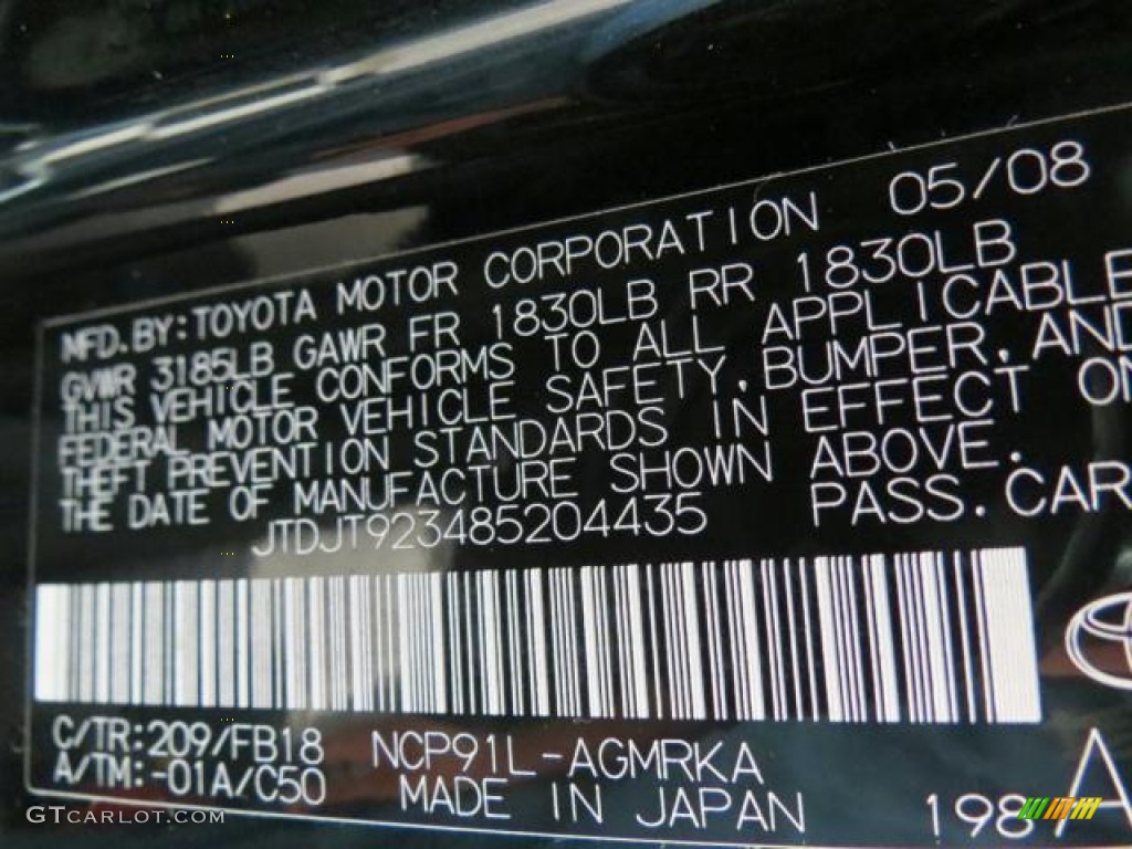 2008 Yaris Color Code 209 for Black Sand Pearl Photo #72650480