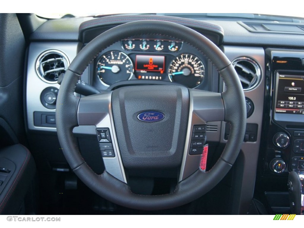 2013 Ford F150 Limited SuperCrew 4x4 Limited Unique Red Leather Steering Wheel Photo #72651044