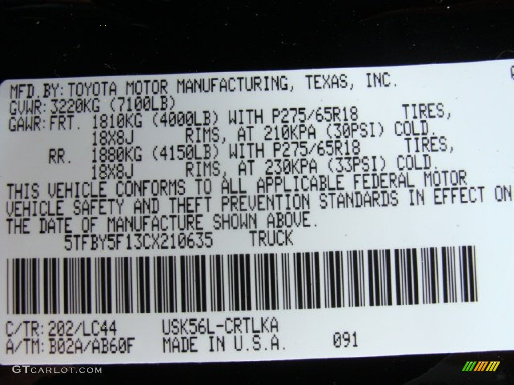 2012 Tundra Color Code 202 for Black Photo #72658135