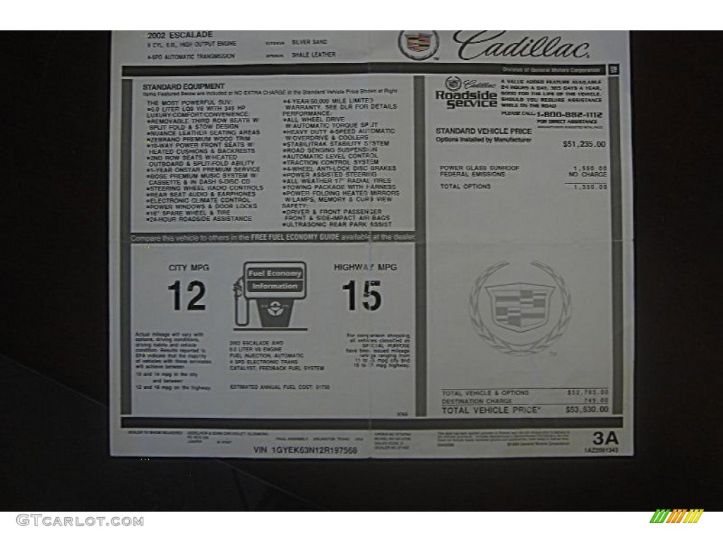 2002 Cadillac Escalade AWD Window Sticker Photo #72662491