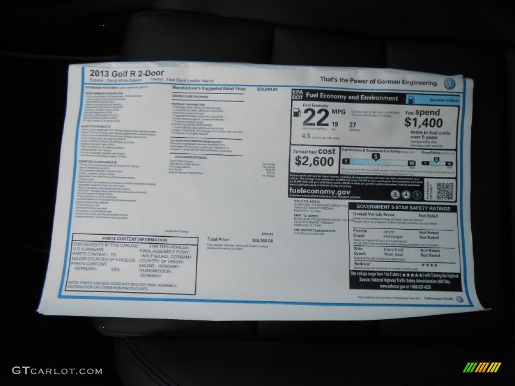 2013 Volkswagen Golf R 2 Door 4Motion Window Sticker Photo #72680036