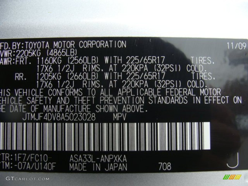 2010 RAV4 Color Code 1F7 for Classic Silver Metallic Photo #72681772
