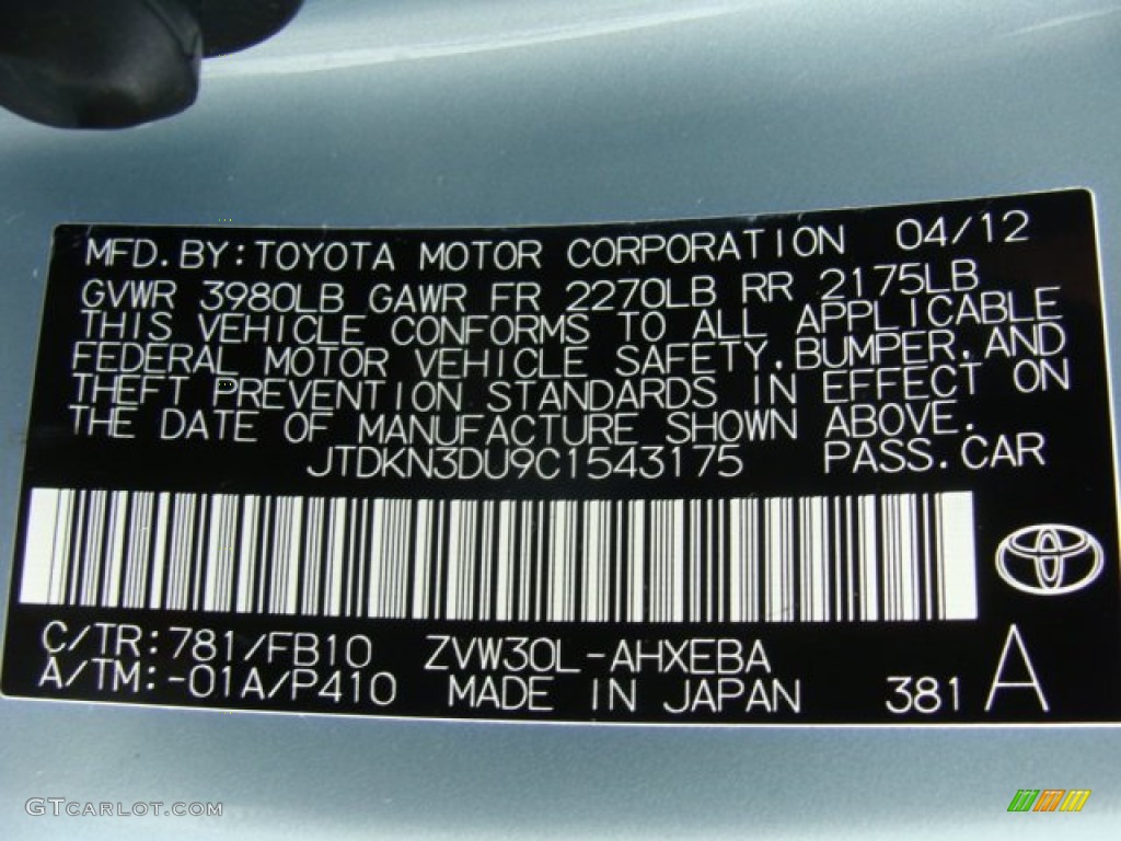 2012 Prius 3rd Gen Color Code 781 for Sea Glass Pearl Photo #72683858