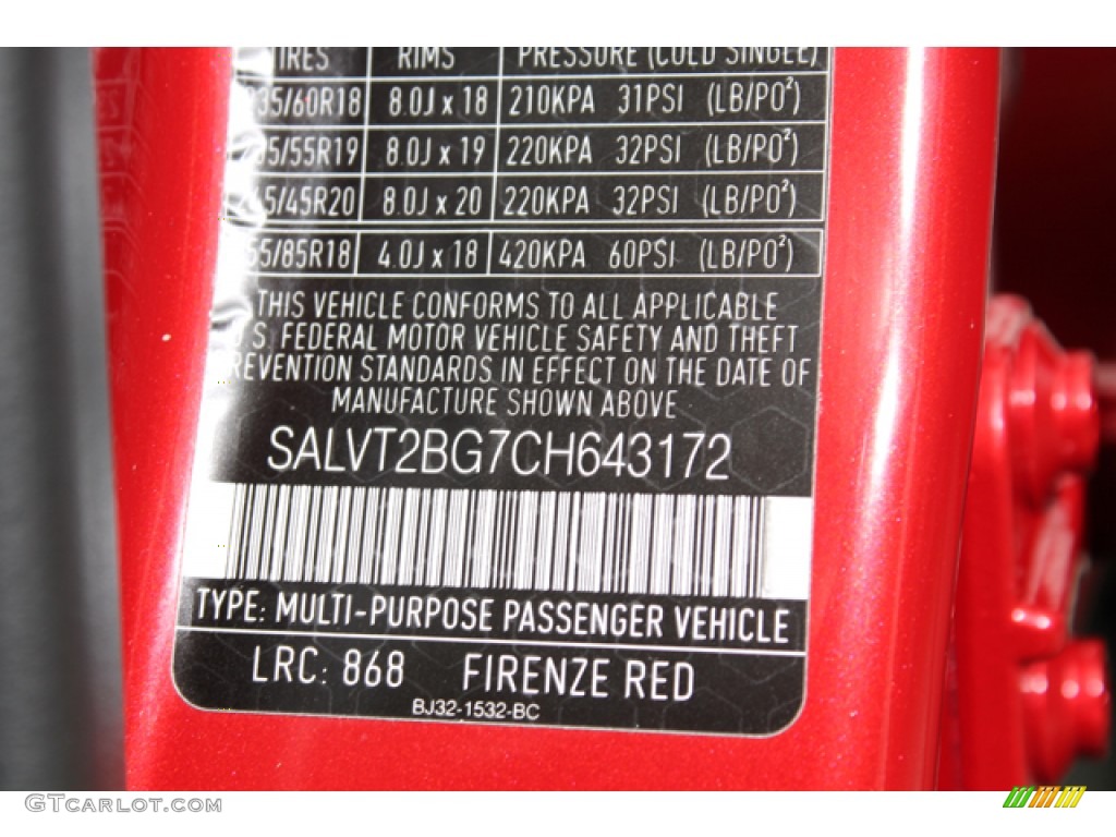 2012 Range Rover Evoque Color Code 868 for Firenze Red Metallic Photo #72687298