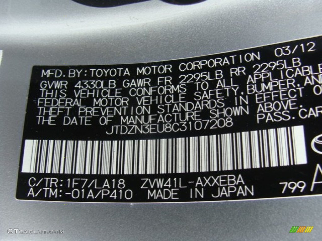 2012 Prius v Color Code 1F7 for Classic Silver Metallic Photo #72688955