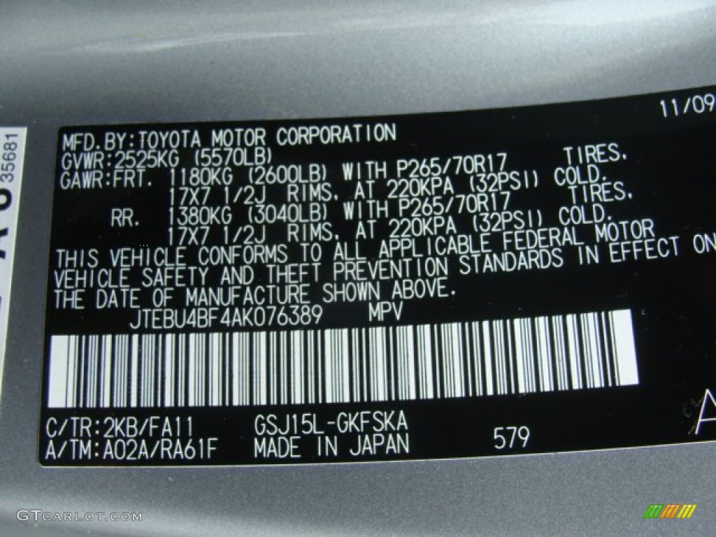 2010 FJ Cruiser Color Code 2KB for Silver Fresco Metallic Photo #72689464