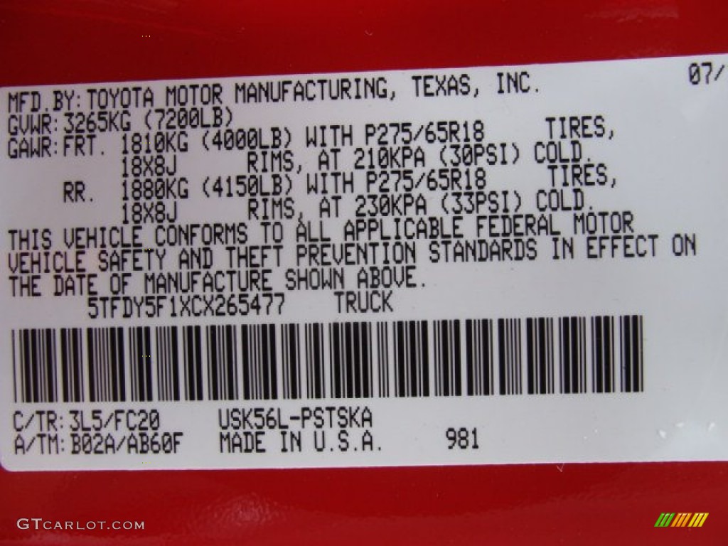2012 Tundra Color Code 3L5 for Radiant Red Photo #72690712