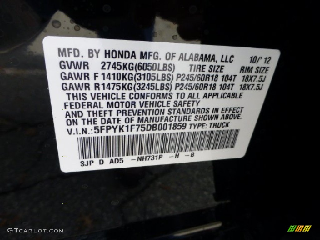 2013 Ridgeline Color Code NH731P for Crystal Black Pearl Photo #72701974