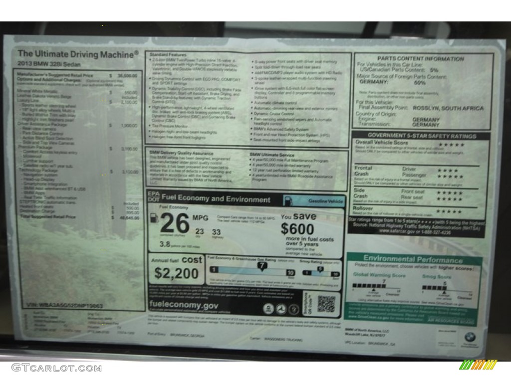 2013 BMW 3 Series 328i Sedan Window Sticker Photo #72716998