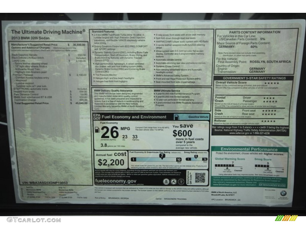 2013 BMW 3 Series 328i Sedan Window Sticker Photo #72717608