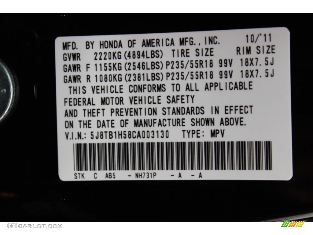 2012 RDX Color Code NH731P for Crystal Black Pearl Photo #72724793