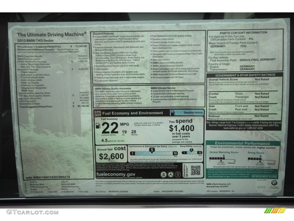 2013 BMW 7 Series 740i Sedan Window Sticker Photo #72724824