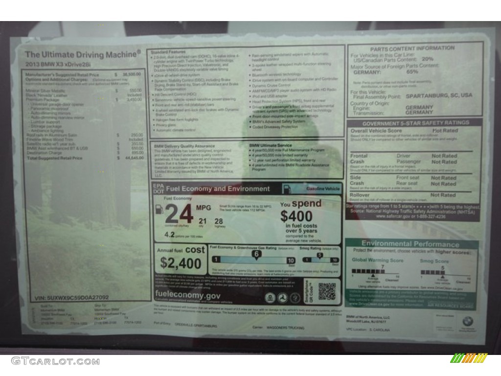 2013 BMW X3 xDrive 28i Window Sticker Photo #72733688