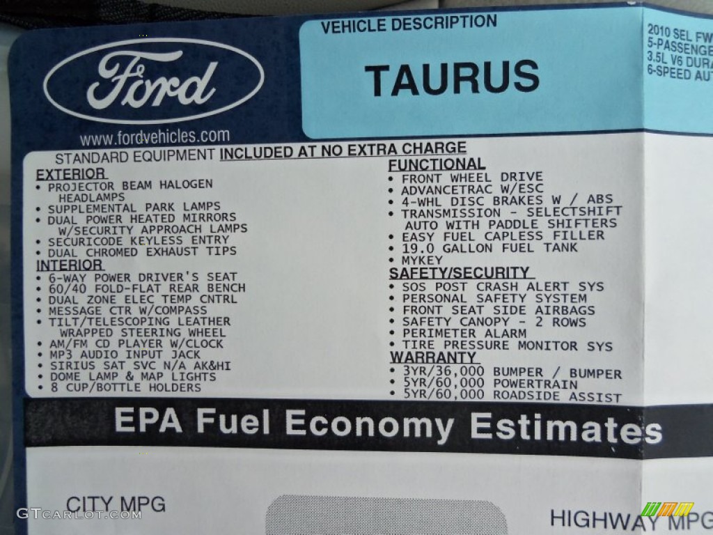 2010 Ford Taurus SEL Window Sticker Photo #72737420