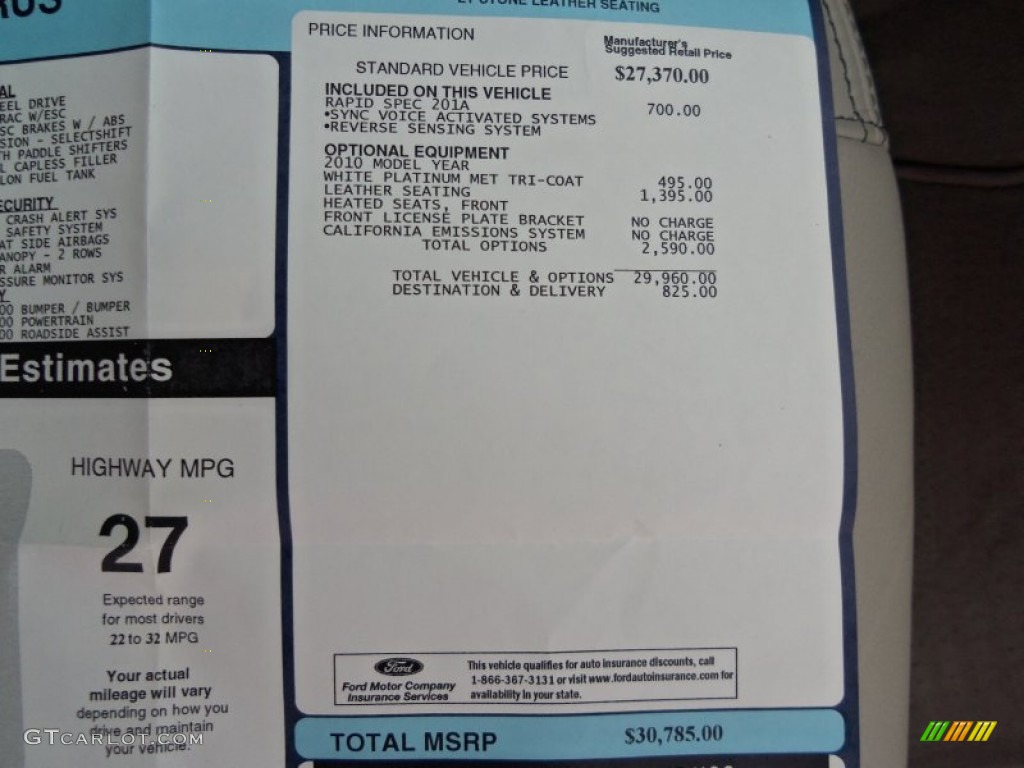 2010 Ford Taurus SEL Window Sticker Photos