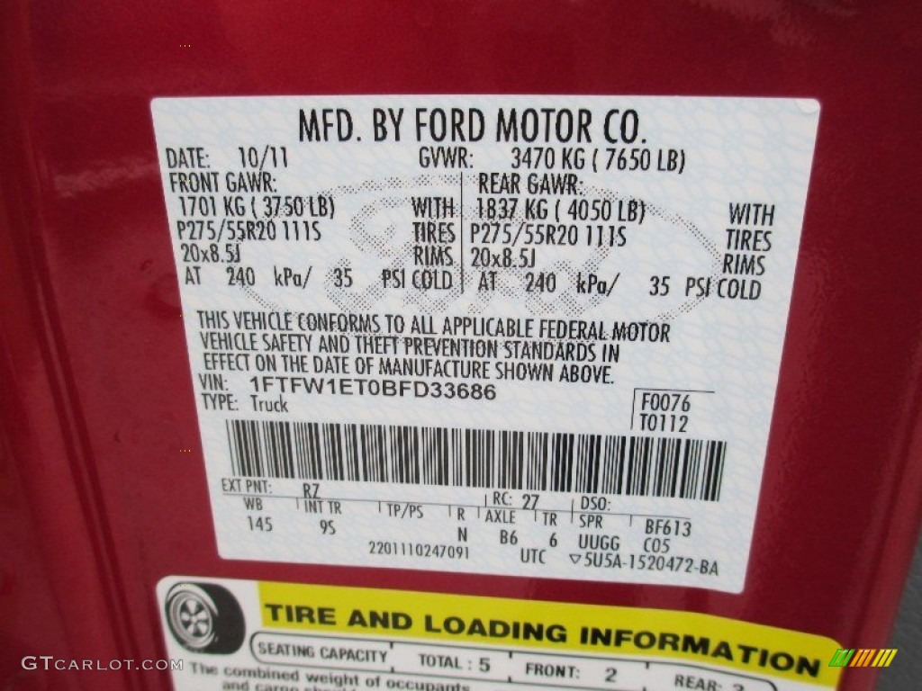 2011 Ford F150 Platinum SuperCrew 4x4 Color Code Photos