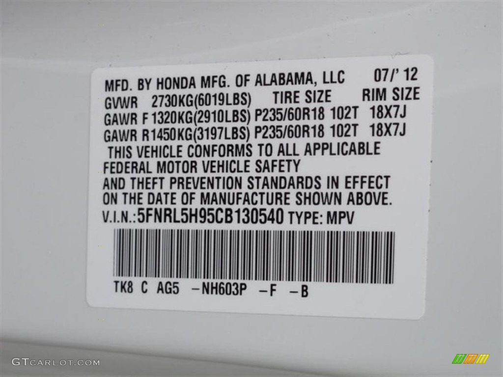 2013 Odyssey Color Code NH603P for White Diamond Pearl Photo #72767161