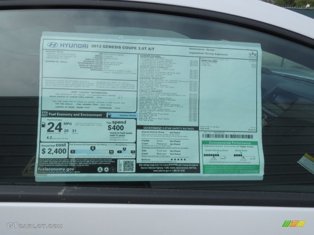 2013 Hyundai Genesis Coupe 2.0T Window Sticker Photo #72776467