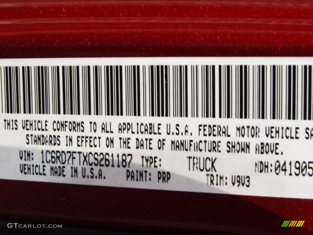 2012 Ram 1500 Color Code PRP for Deep Cherry Red Crystal Pearl Photo #72789106