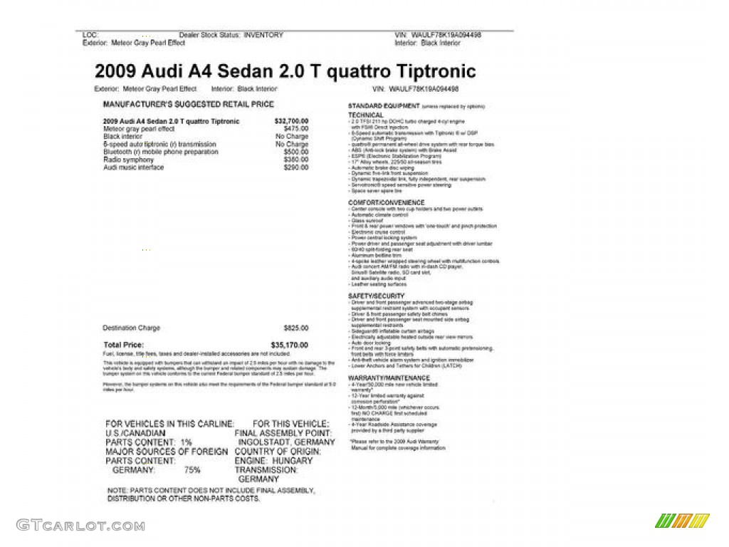 2009 Audi A4 2.0T Premium quattro Sedan Window Sticker Photos