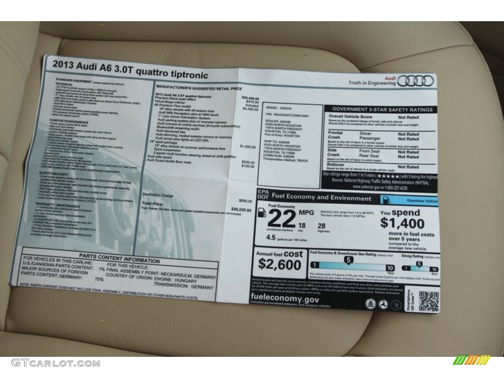 2013 Audi A6 3.0T quattro Sedan Window Sticker Photo #72804910