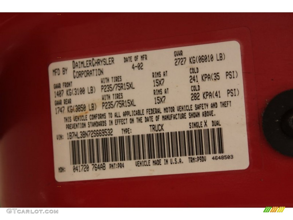 2002 Dakota Color Code PR4 for Flame Red Photo #72806515