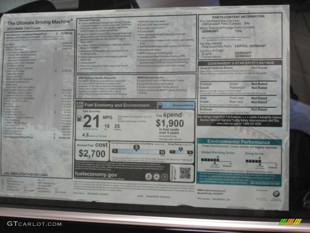 2013 BMW 1 Series 135i Coupe Window Sticker Photo #72809266