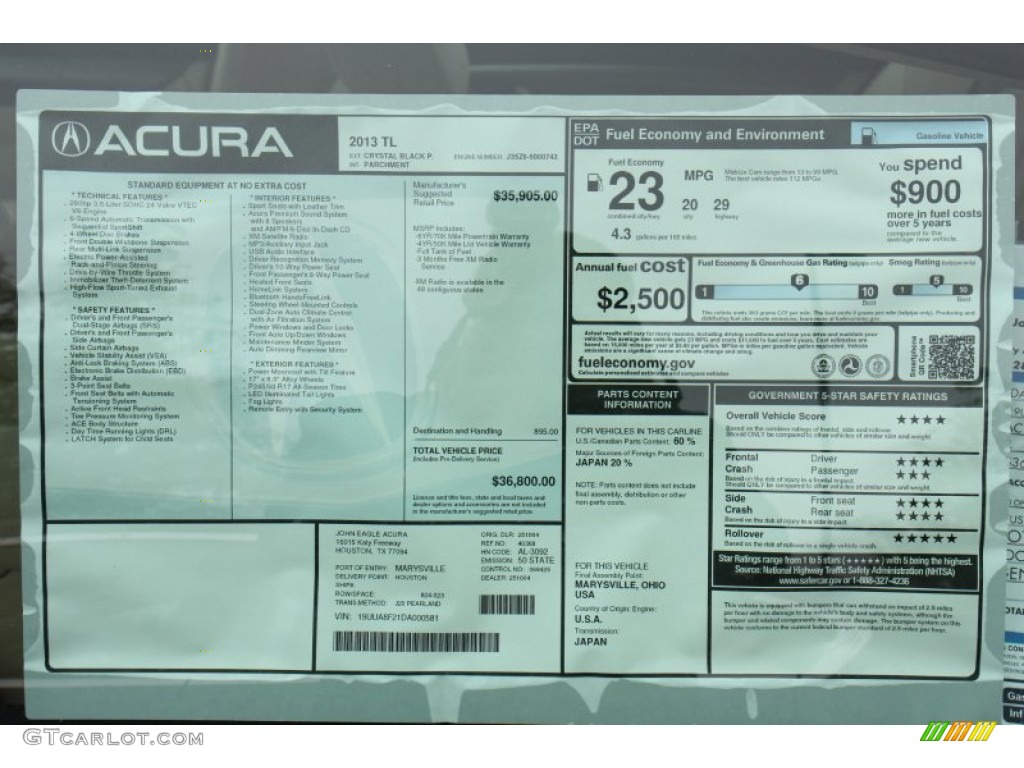 2013 Acura TL Standard TL Model Window Sticker Photo #72812809