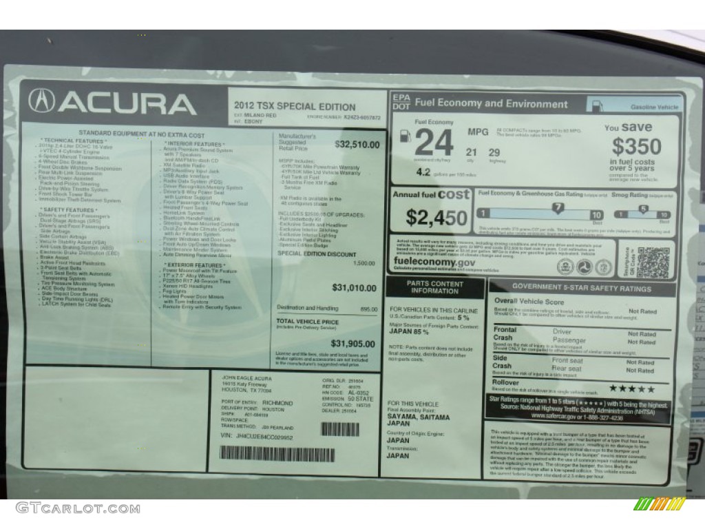 2012 Acura TSX Special Edition Sedan Window Sticker Photo #72813418