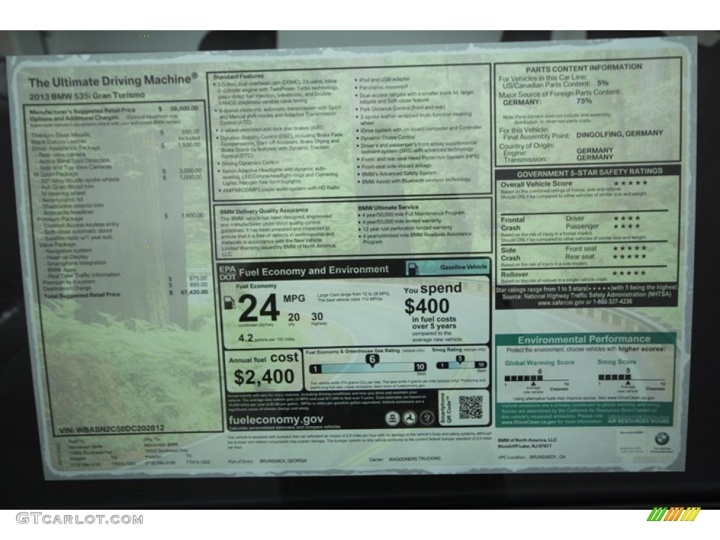 2013 BMW 5 Series 535i Gran Turismo Window Sticker Photo #72825949