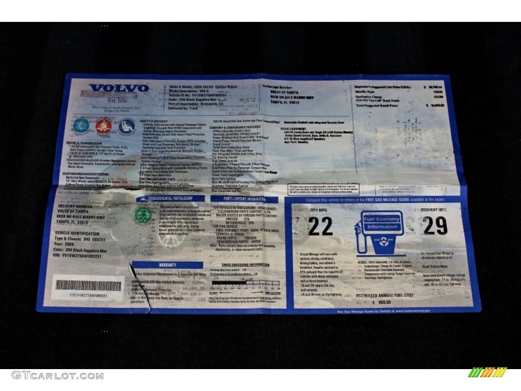 2004 Volvo V40 Standard V40 Model Window Sticker Photo #72846408