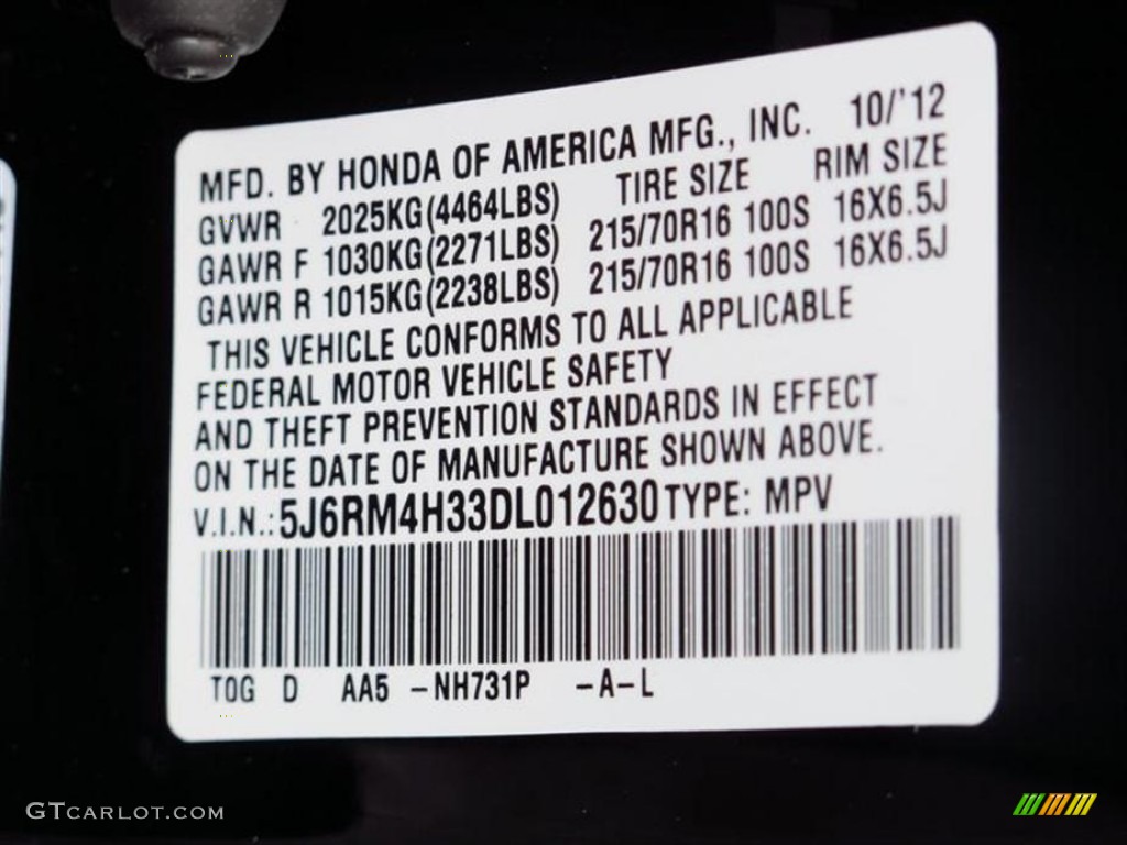 2013 CR-V Color Code NH731P for Crystal Black Pearl Photo #72846450