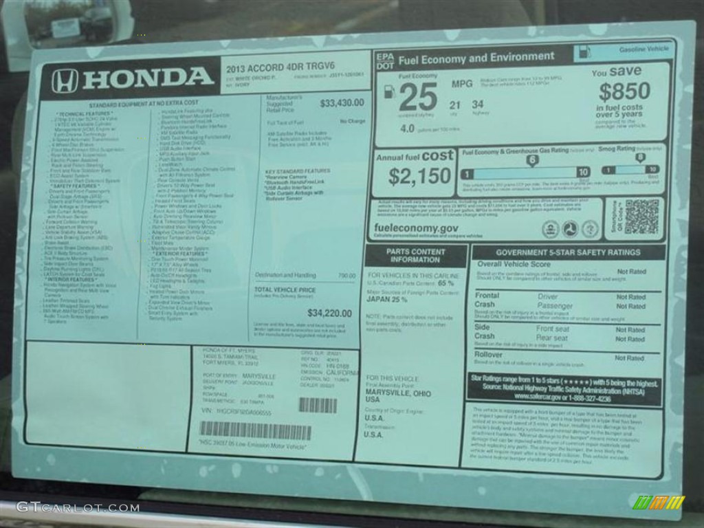 2013 Honda Accord Touring Sedan Window Sticker Photo #72847845