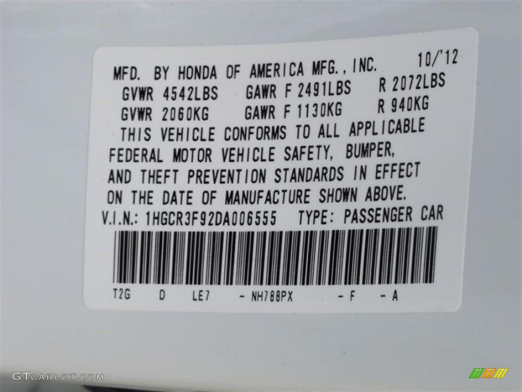 2013 Accord Color Code NH788PX for White Orchid Pearl Photo #72847866