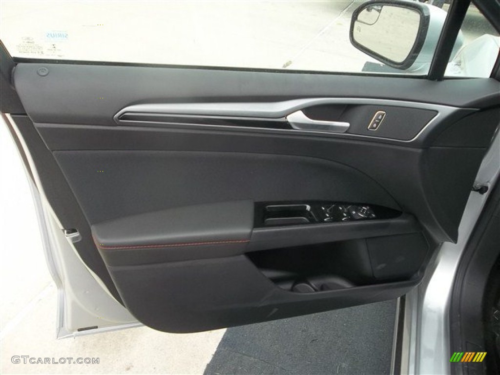 2013 Ford Fusion SE 1.6 EcoBoost SE Appearance Package Charcoal Black/Red Stitching Door Panel Photo #72854592