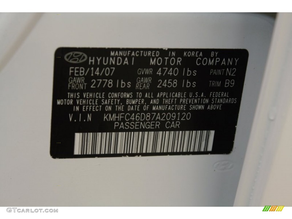 2007 Azera Color Code N2 for Powder White Pearl Photo #72874191
