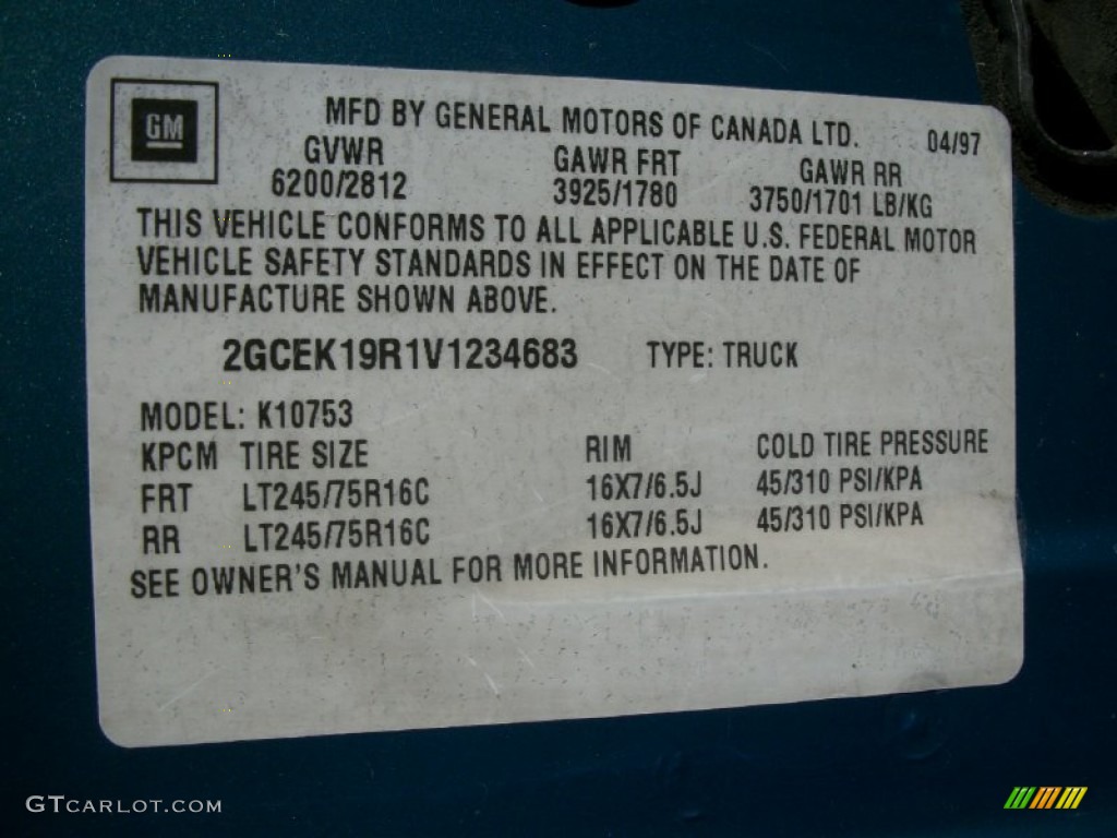 1997 Chevrolet C/K K1500 Extended Cab 4x4 Info Tag Photos