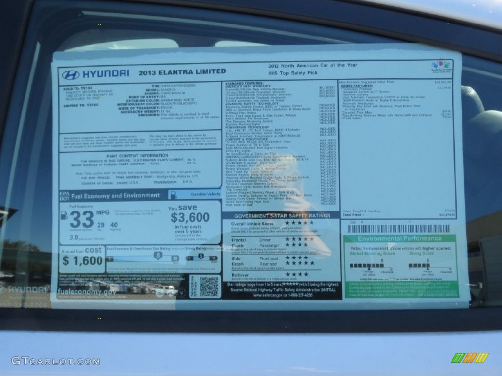 2013 Elantra Limited - Shimmering White / Black photo #35