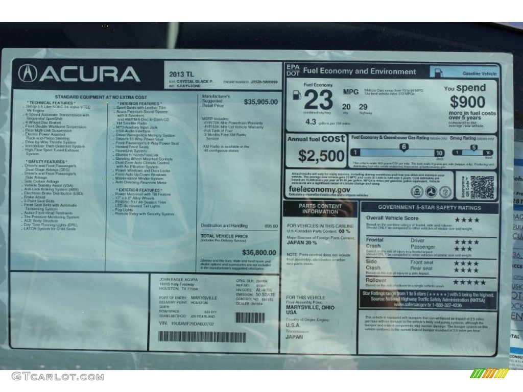 2013 Acura TL Standard TL Model Window Sticker Photo #72896982