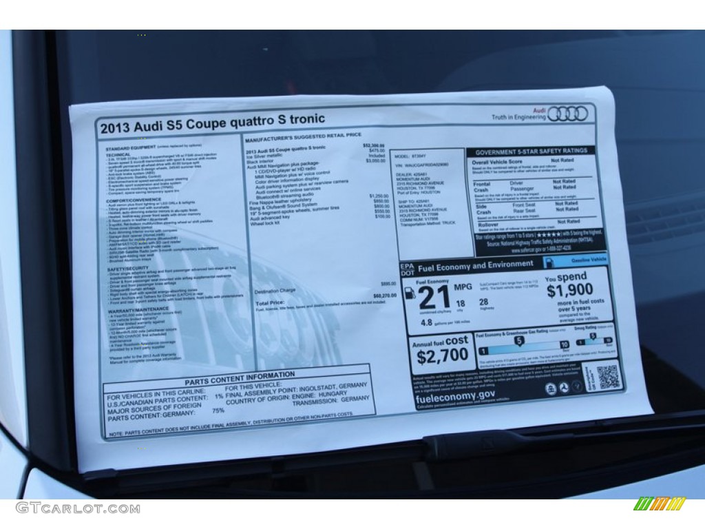 2013 Audi S5 3.0 TFSI quattro Coupe Window Sticker Photo #72899535