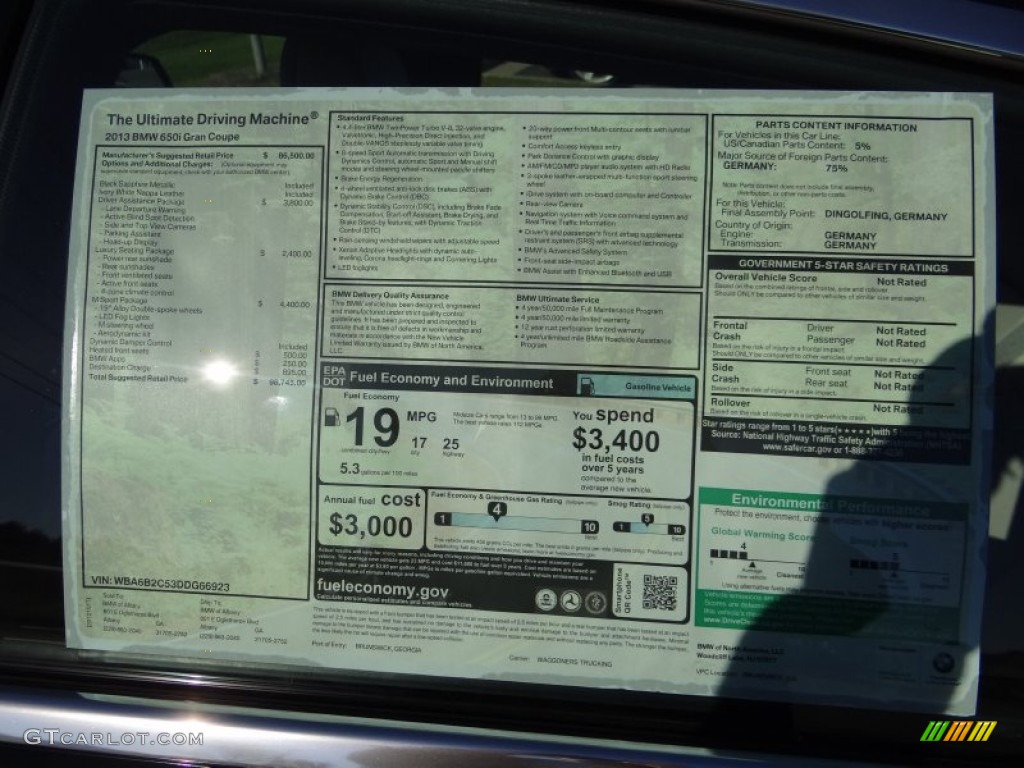 2013 BMW 6 Series 650i Gran Coupe Window Sticker Photo #72899926