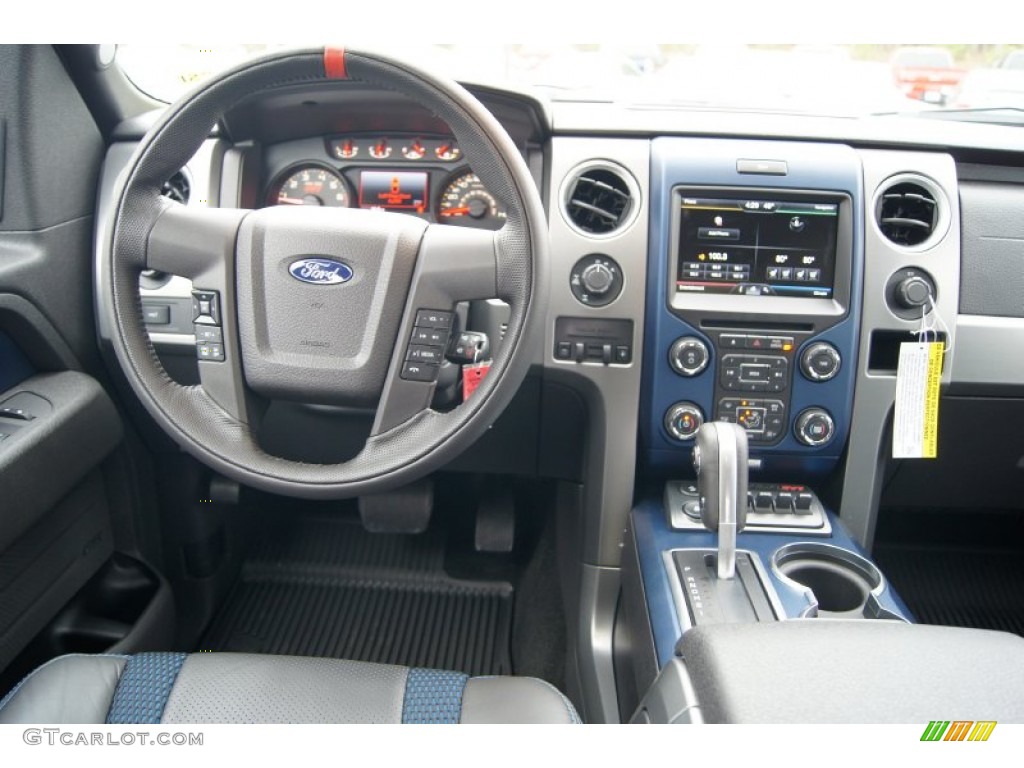 2013 Ford F150 SVT Raptor SuperCrew 4x4 Raptor Black Leather/Cloth with Blue Accent Dashboard Photo #72918769