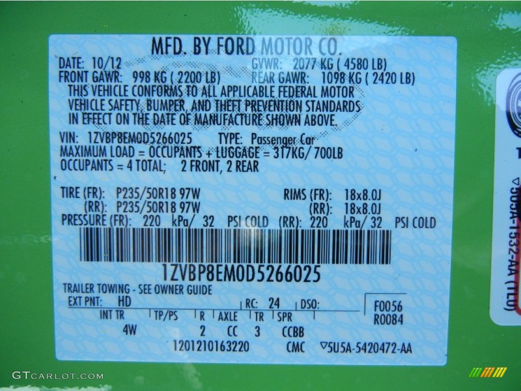 2013 Mustang Color Code HD for Gotta Have It Green Photo #72929271