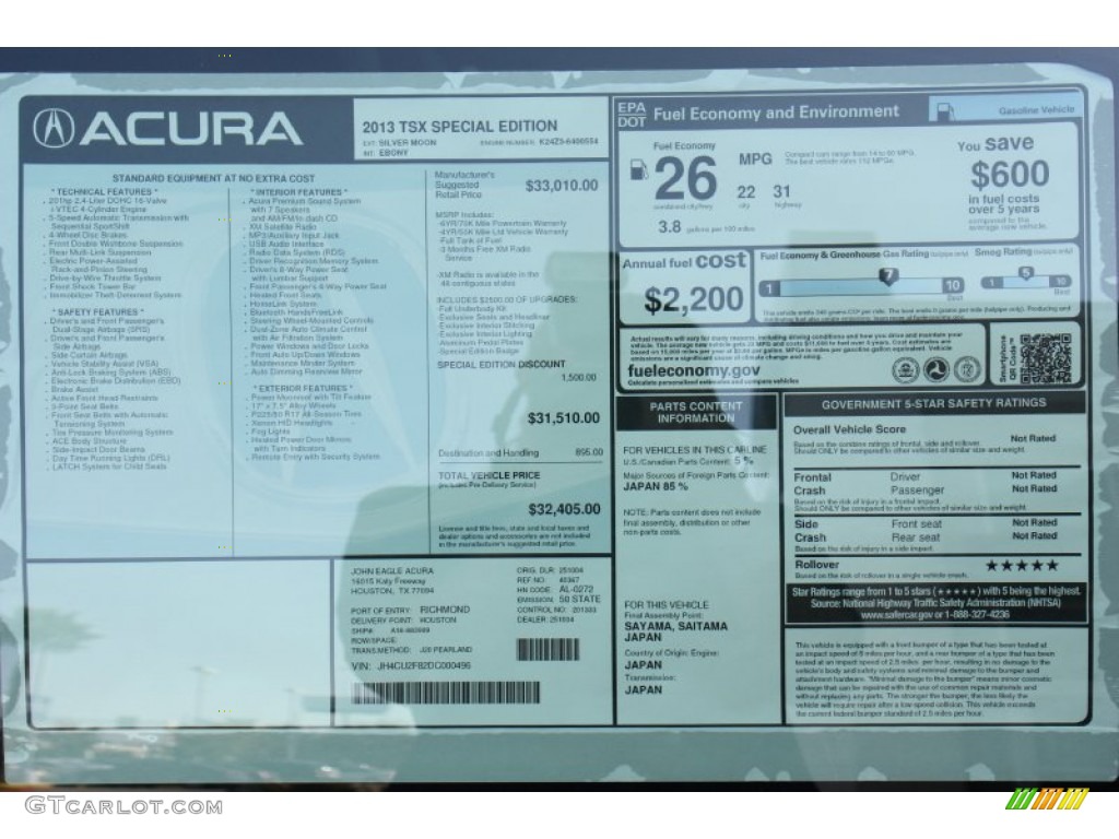 2013 Acura TSX Special Edition Window Sticker Photo #72943018