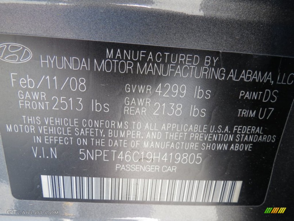 2009 Sonata Color Code DS for Willow Gray Photo #72974538